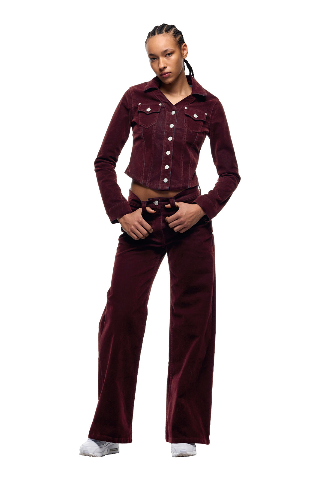 DAMEN SAMT-JEANSJACKE BORDEAUXROT