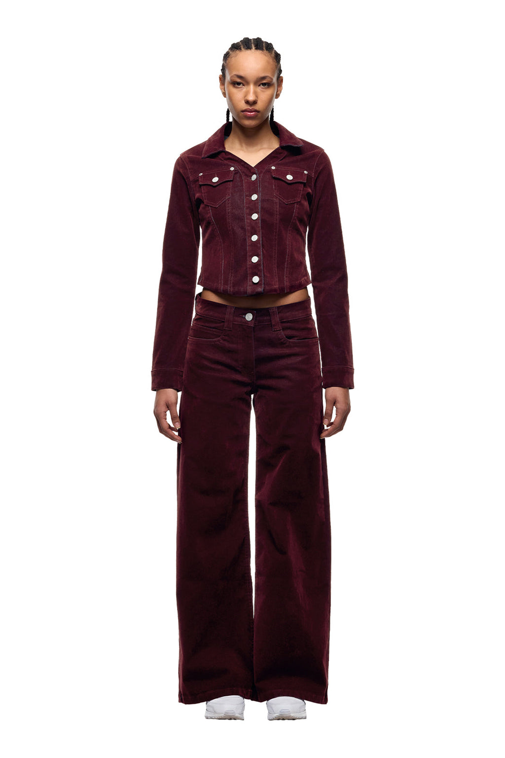 DAMEN SAMT-JEANSJACKE BORDEAUXROT
