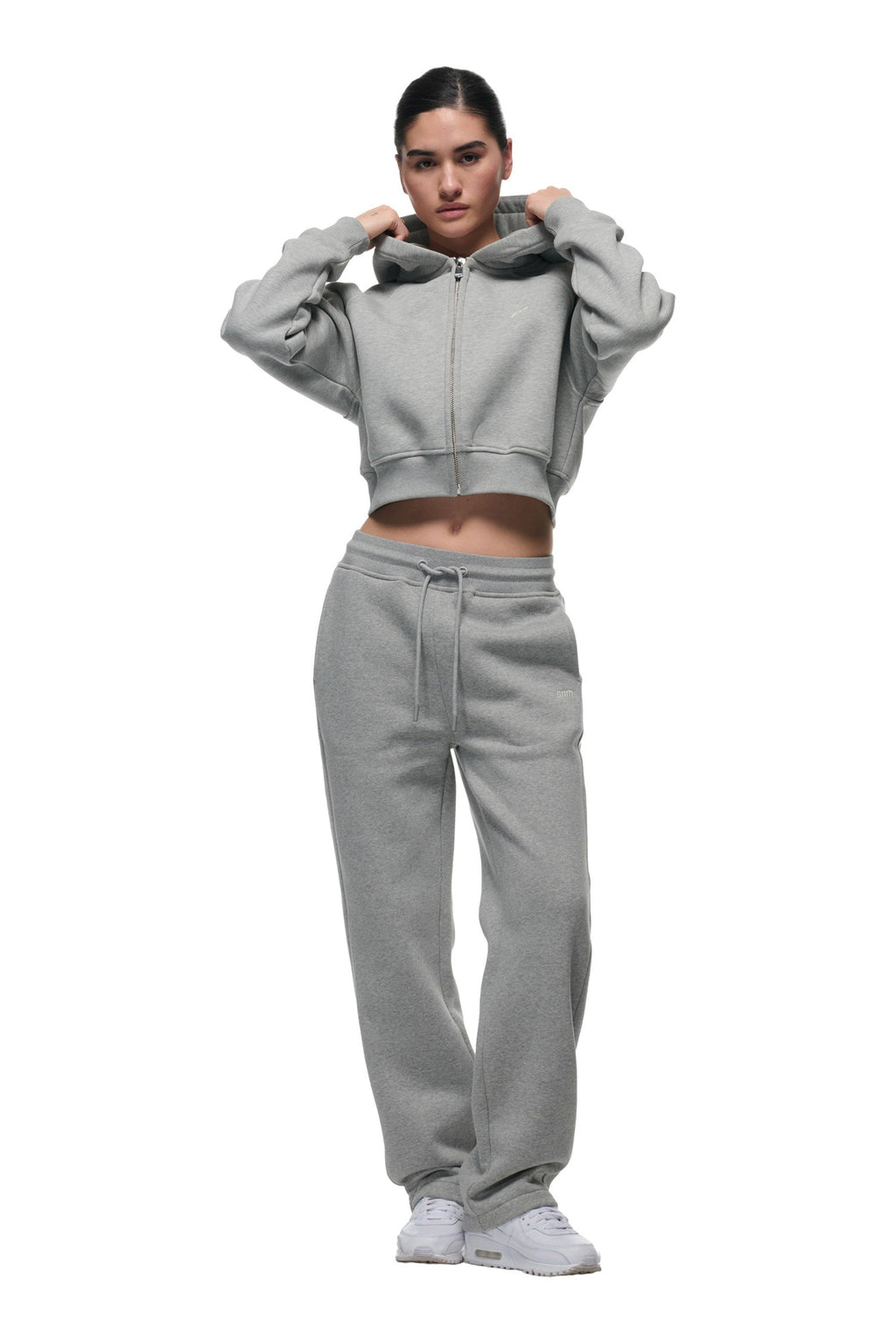 DAMEN CROPPED ZIP-HOODIE GRAU MELIERT